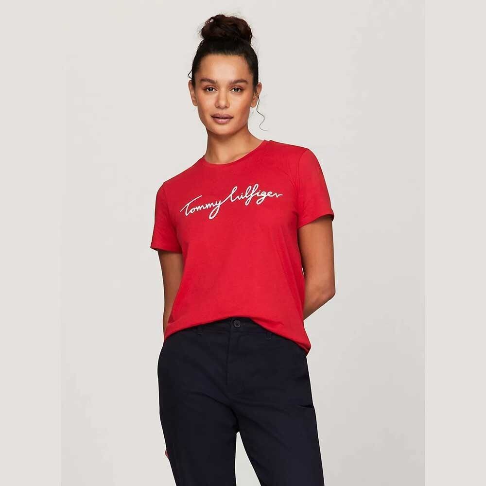Tommy Hilfiger Womens Crew Neck Script Logo T-Shirt, Red, Size M
